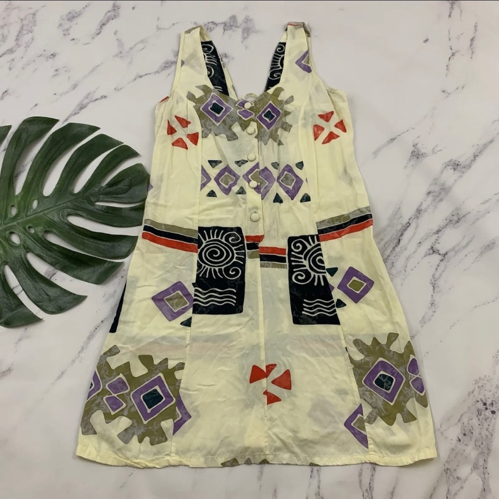 Womens Vintage 90s Sundress Size S Art Block Print Floral Lace Up Back Shift